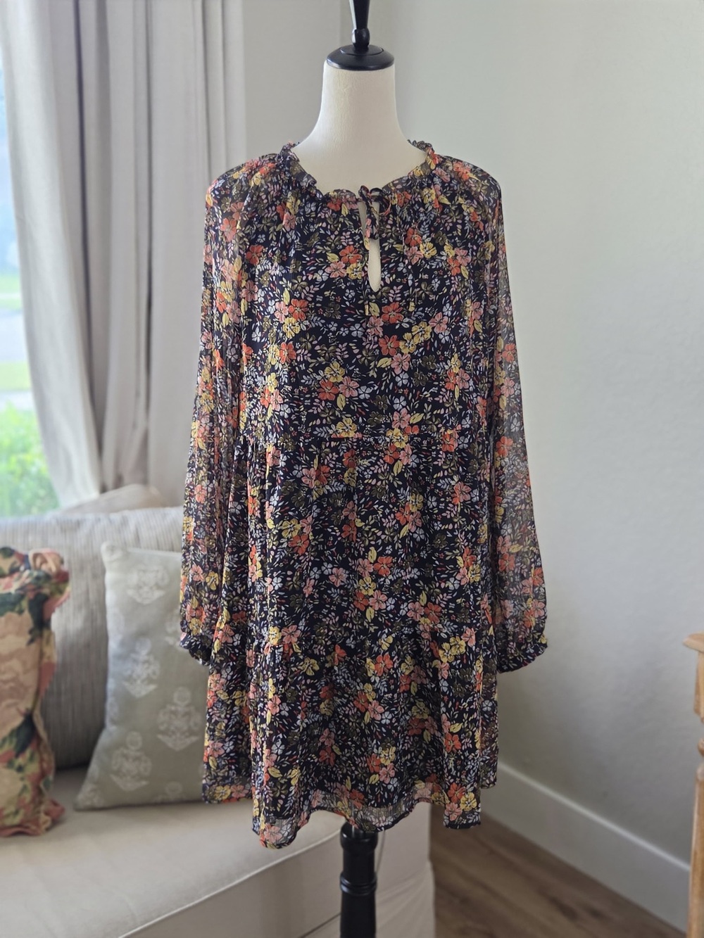 LOFT Navy Floral Long-Sleeve Tiered Mini Dress